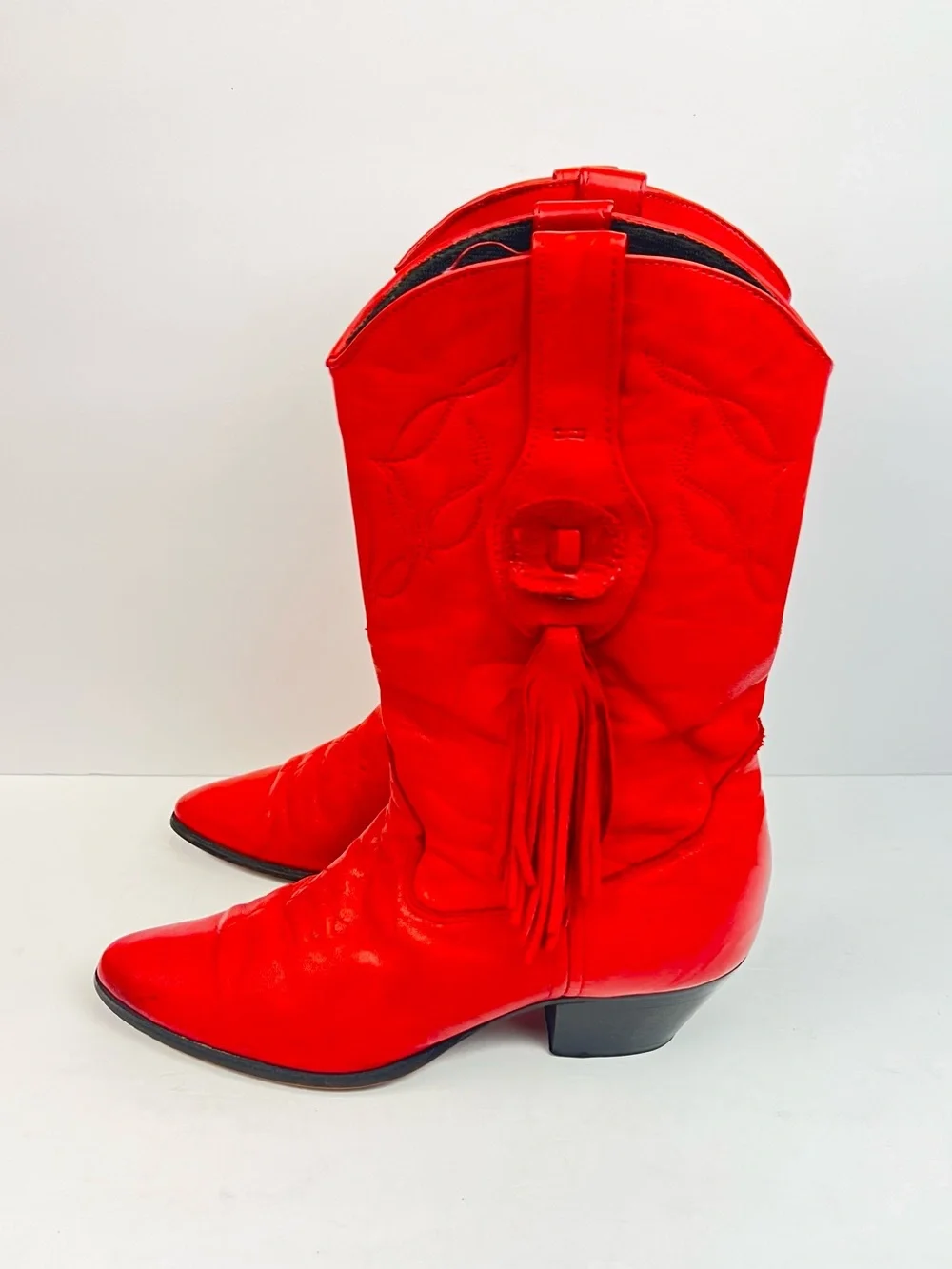 Laredo Red Leather Lace Up Tassel Cowboy Boots - Picture 3 of 9